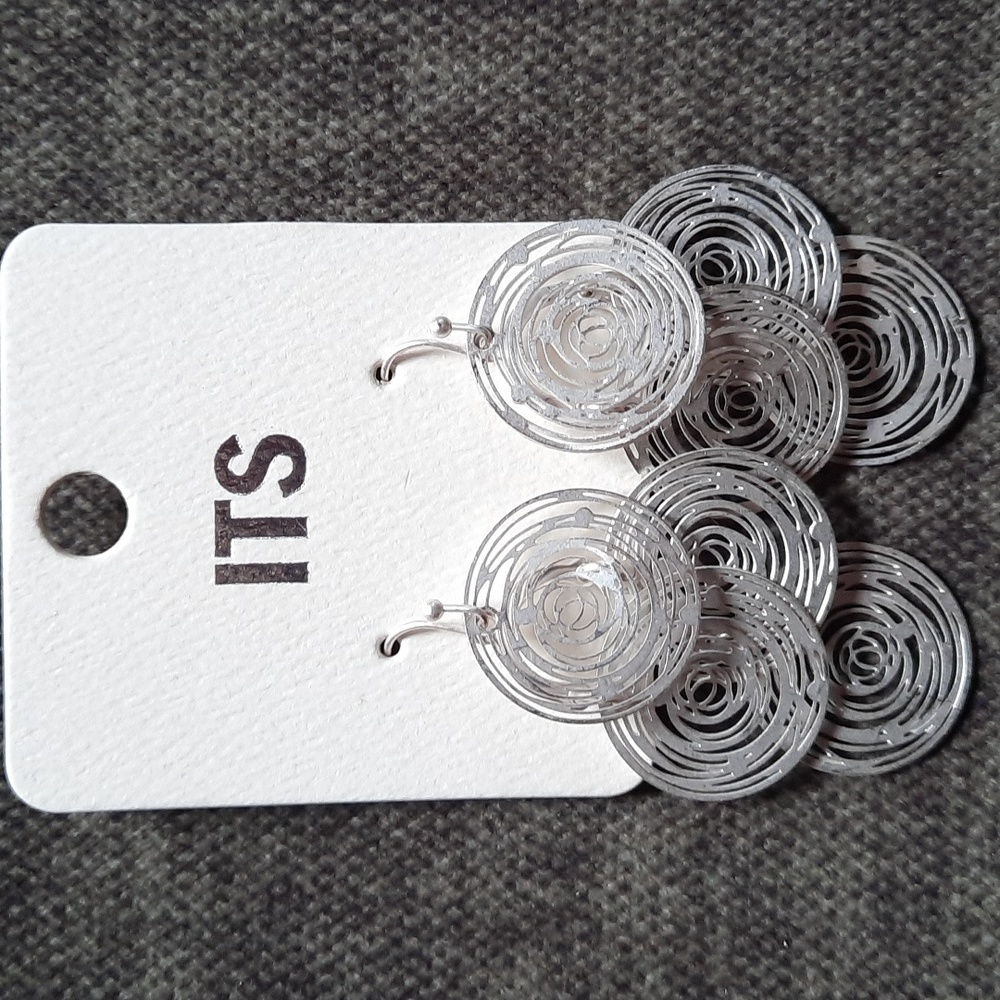 Brushed Silver Filigree Round Layered Filigree Dangle Earrings French Euro NWT